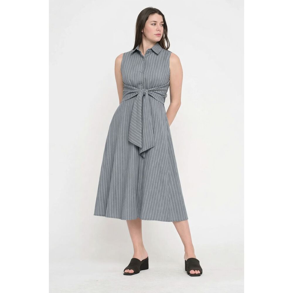 Gray and White Stripe Poplin Tie Shirt Dress